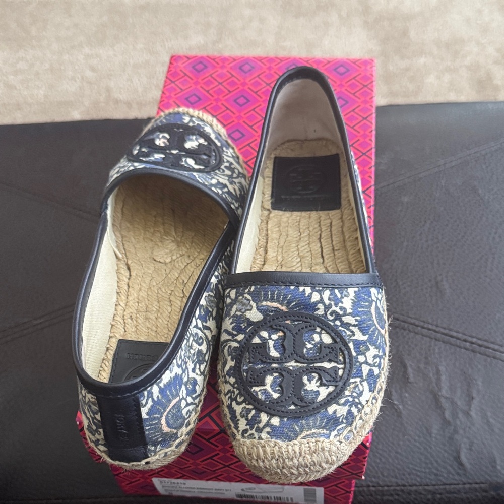 Tory Burch Blue and Cream Espadrilles